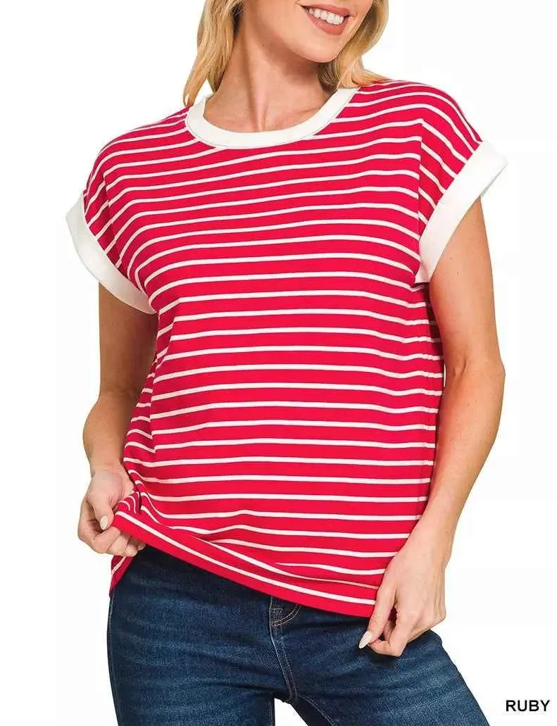 Contrast Trim Cap Sleeve Stripe Tee