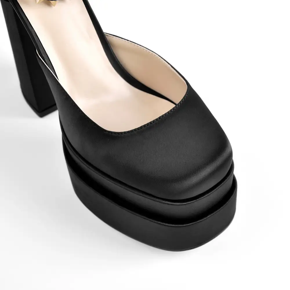 Rivet Square Toe Double Platform Chunky Heel Ankle Strap Pumps