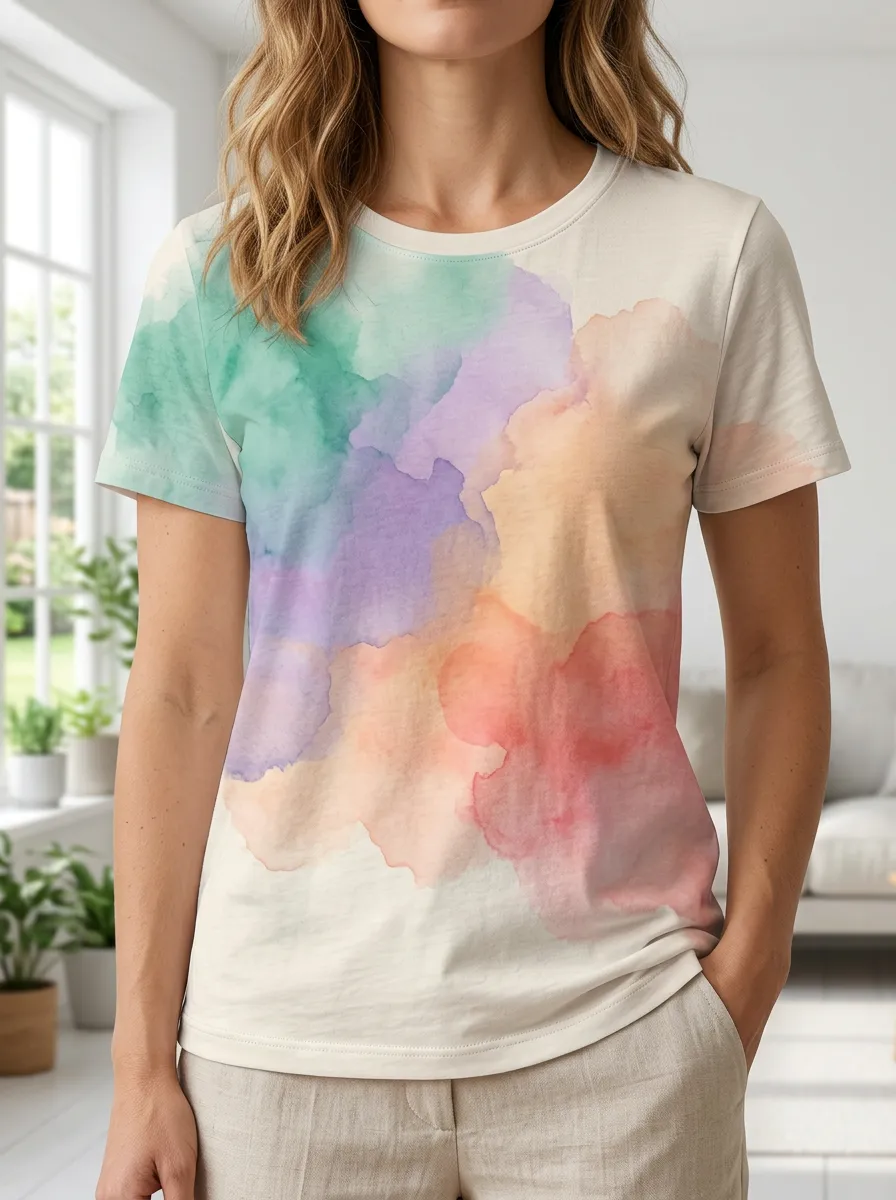 Women's Layered Pastel Watercolor Abstract Crew Neck T-Shirt