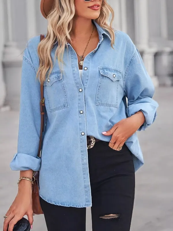 Button-Down Washed Denim Shirt with Chest Pockets