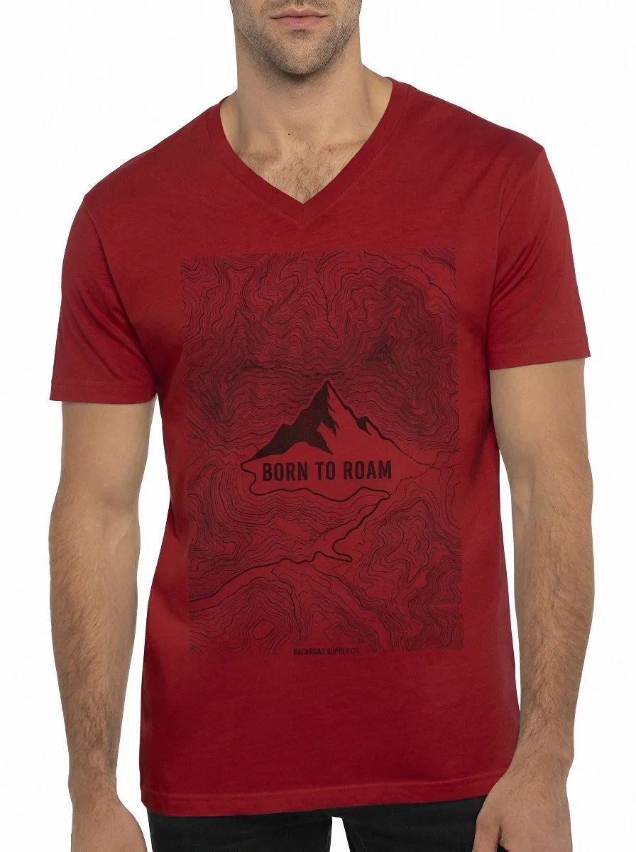 Men's Hiking Lover Born To Roam Mountain Topographic Printed V-Neck T-Shirt