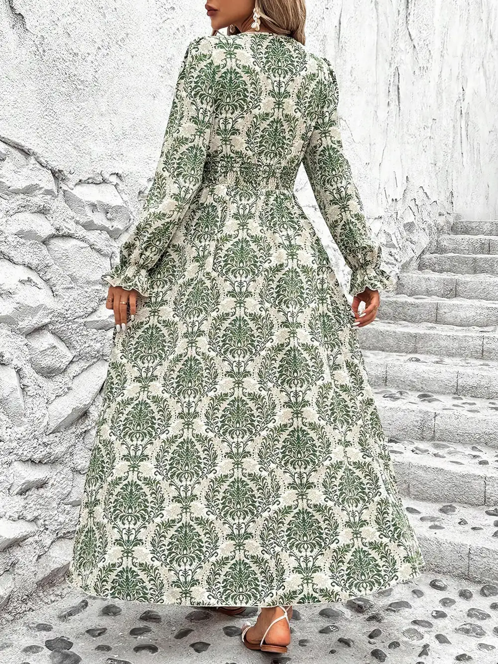 Boho Floral V-Neck Long-Sleeve Smocked Waist Swing Maxi Casual Dress