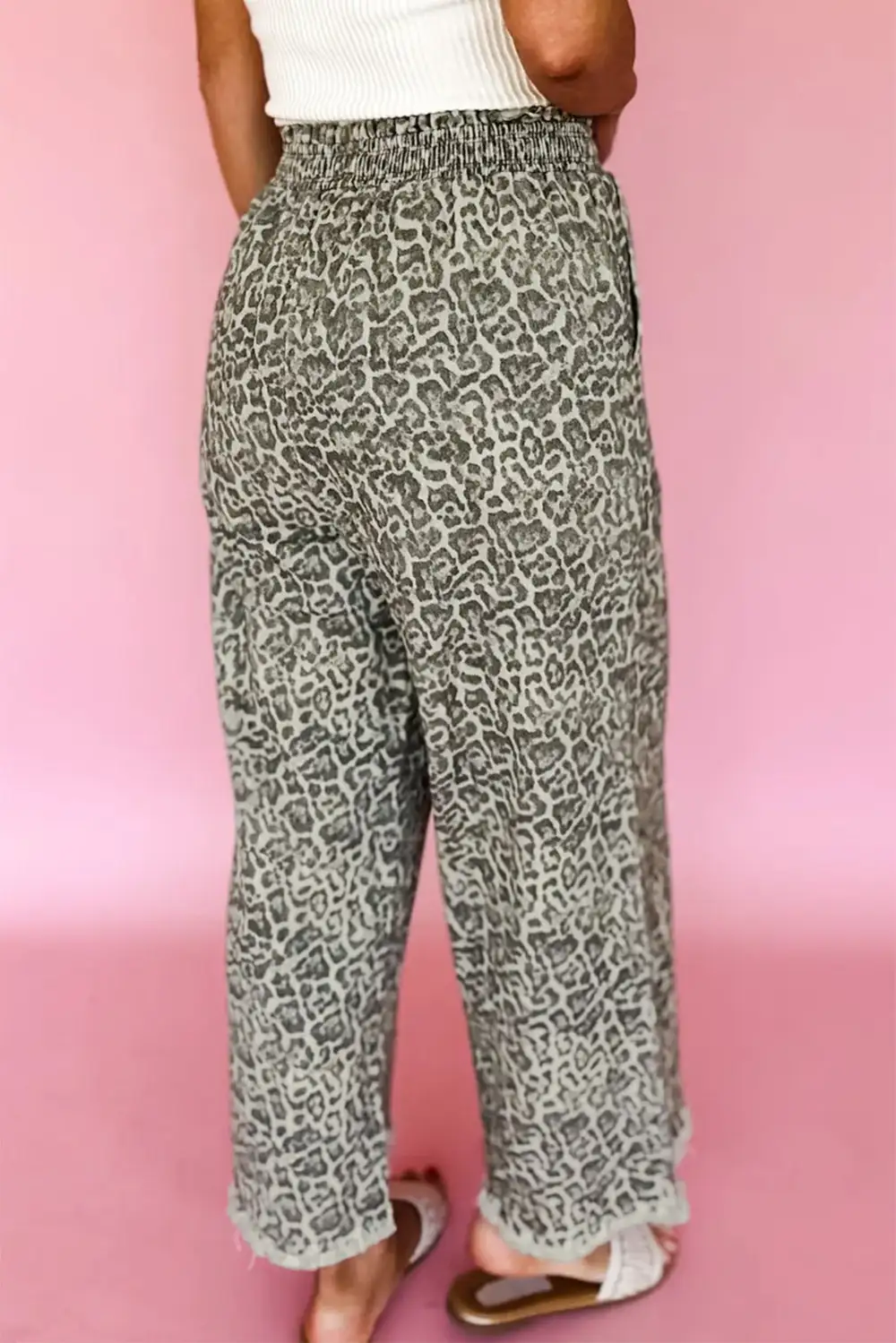 Women's Leopard Print Raw Hem Elastic Waist Loose Pull On Jeans