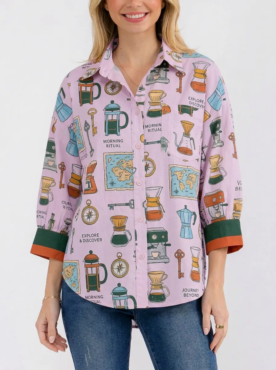 Women's Coffee Travel Map Graphic Button-Up Shirt