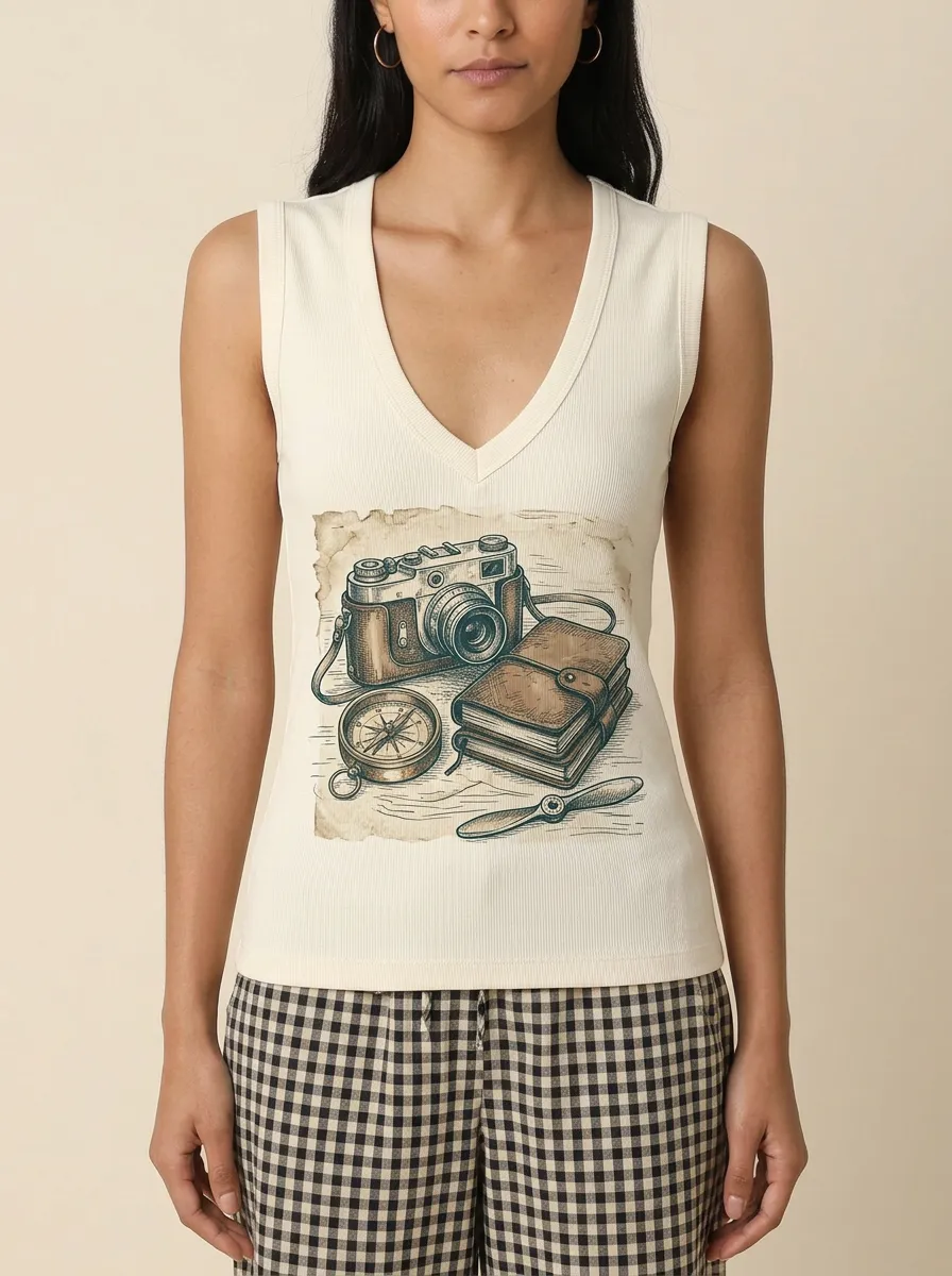 Women's Travel Enthusiast Vintage Camera Compass Printed Tank Top