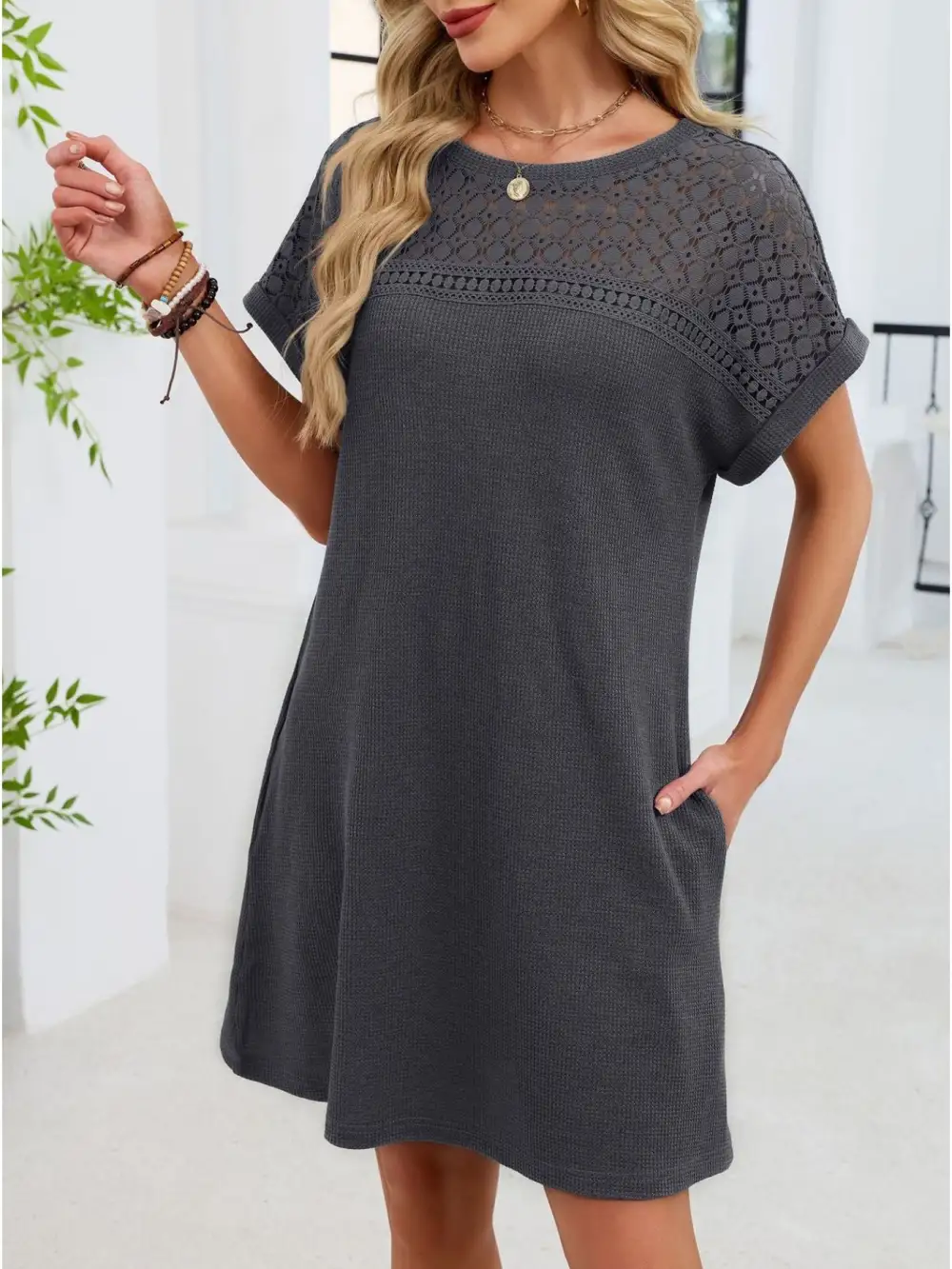 Lace Round Neck Short Sleeve Shirt Dress