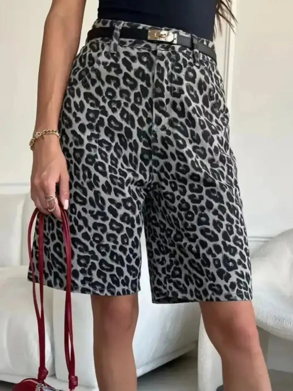 Leopard Print High Waisted Casual Shorts