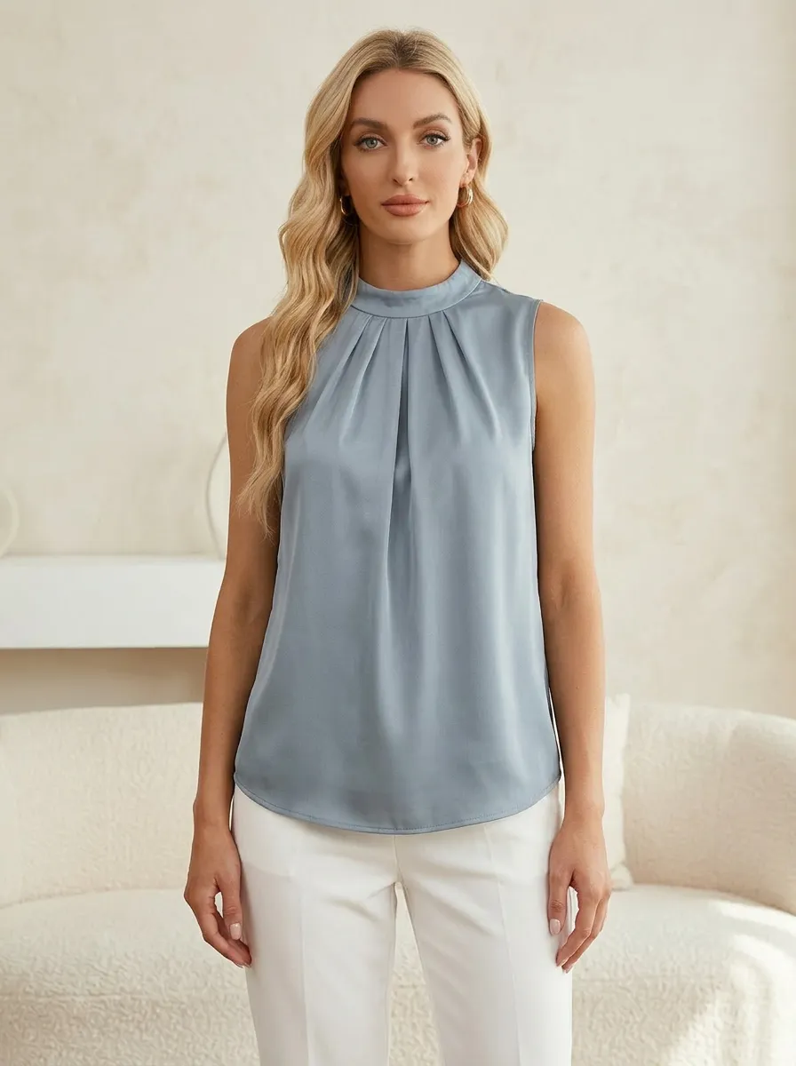 Mock Neck Pleated Sleeveless Satin Blouse
