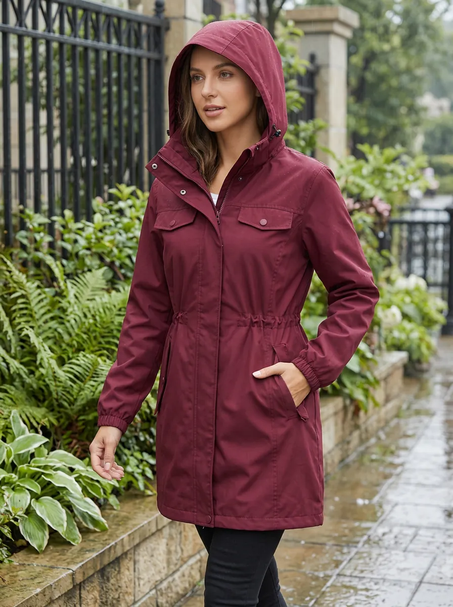 Women's Burgundy Hooded Waterproof Rain Jacket