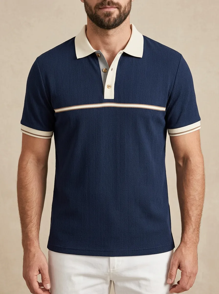 Men's Casual Vintage Contrast Striped Ribbed Polo Shirt