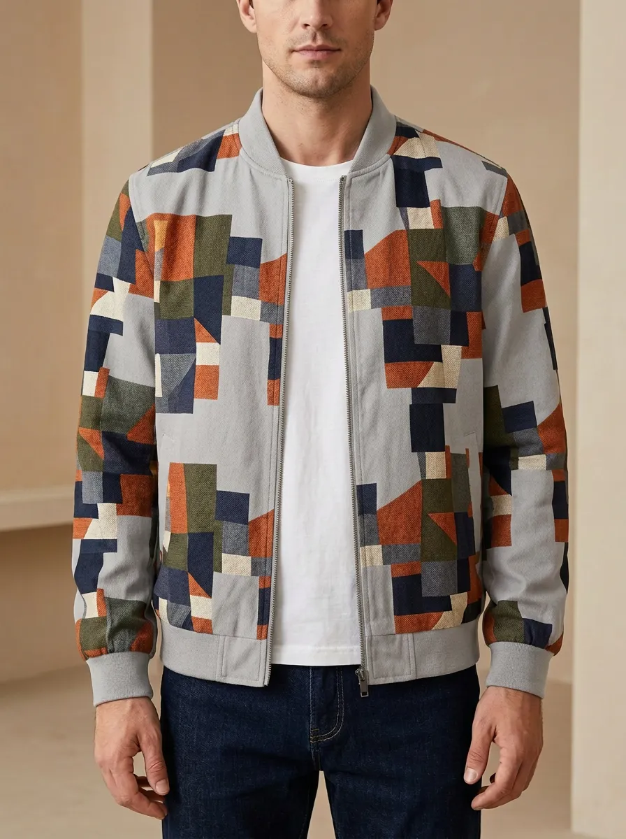 Men's Geometric Pattern Colorblock Printed Bomber Jacket