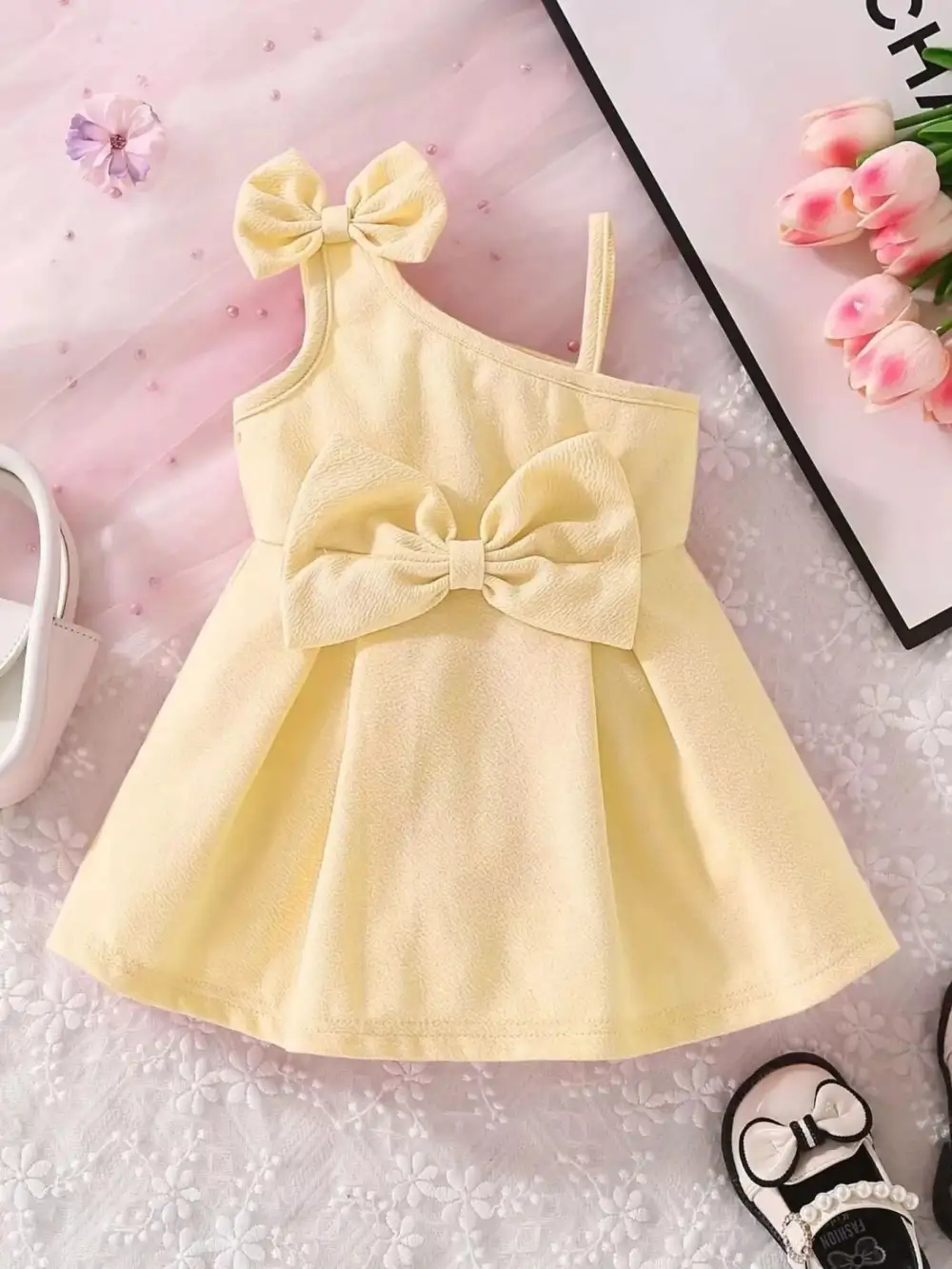 Girls Bow Asymmetrical Shoulder Dress