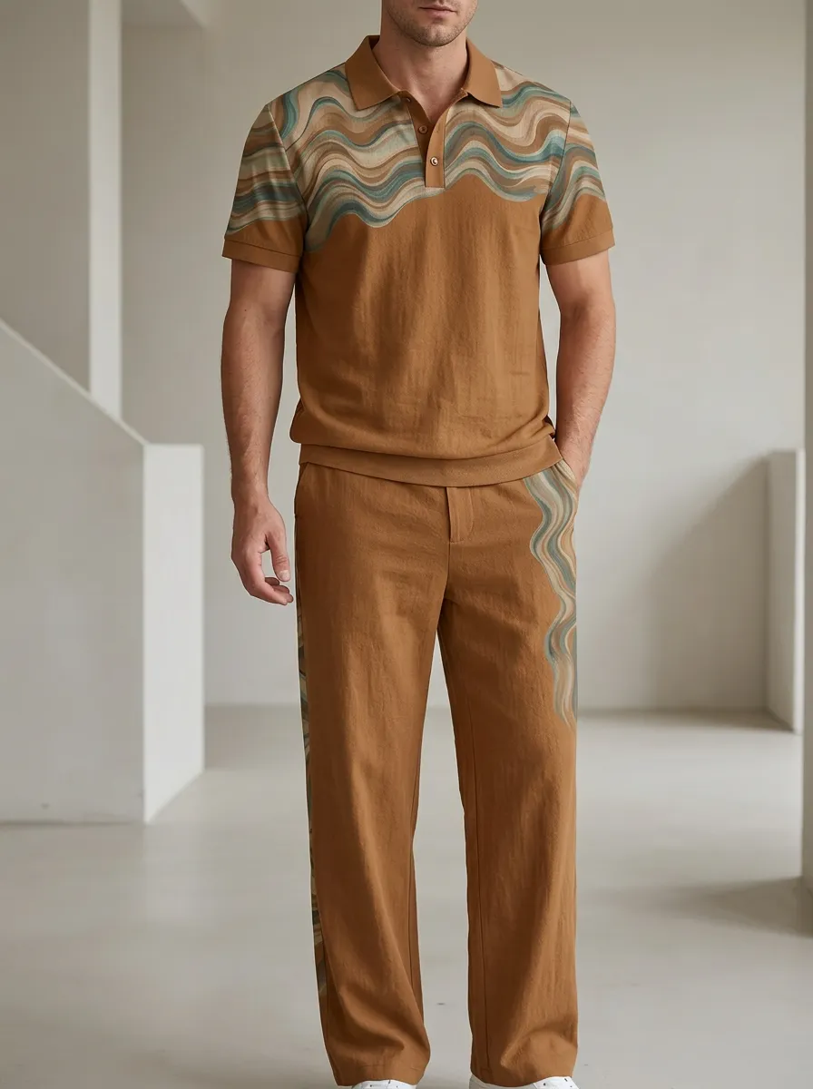 Men's Wavy Pattern Printed Polo Shirt and Trousers Set