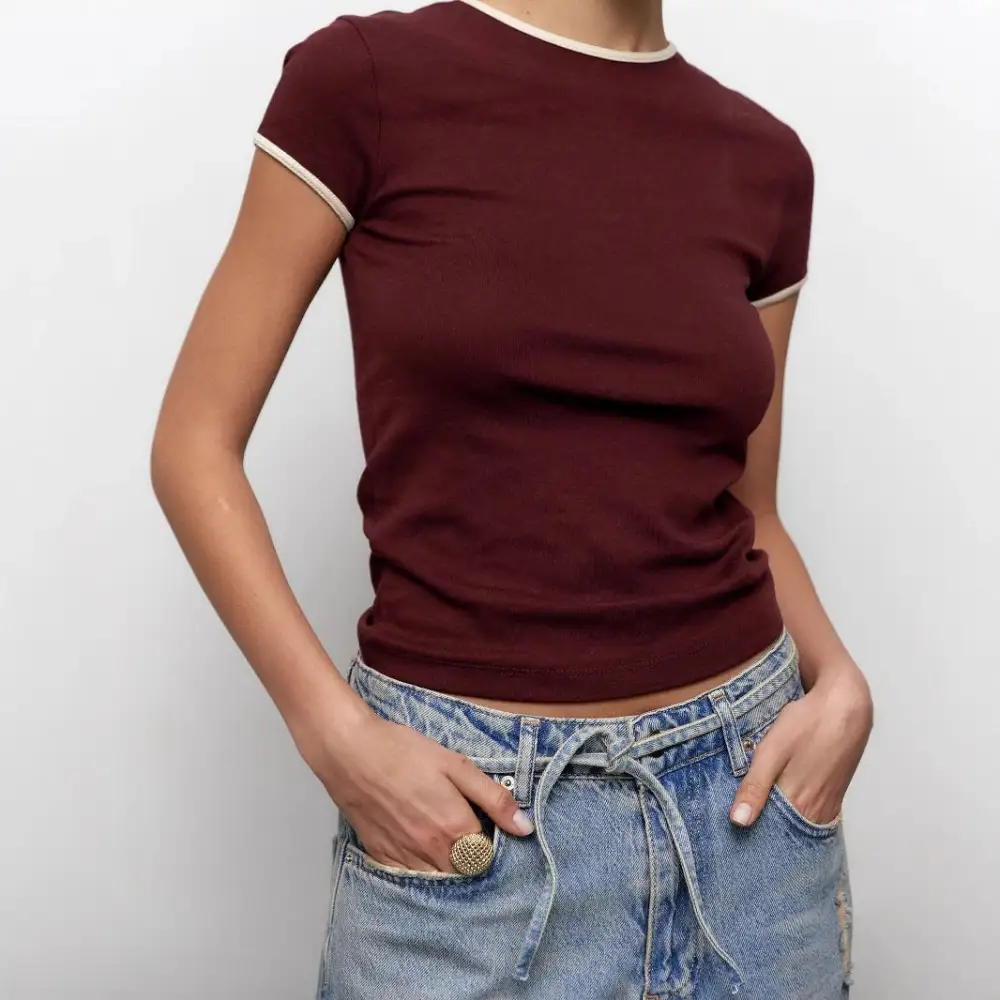 Classic Ribbed Color Block Round Neck Short Sleeve T-Shirt