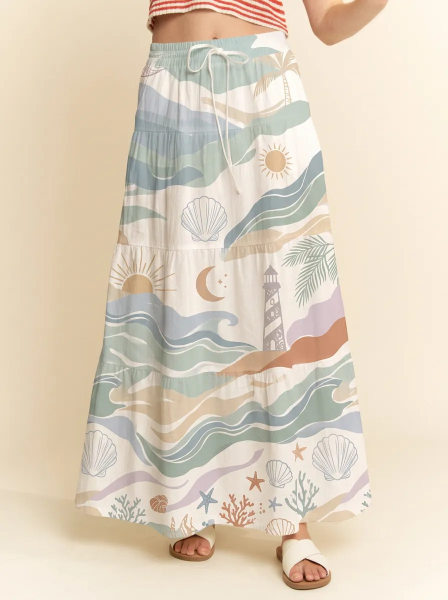 Women's Beach Lover Lighthouse Seashell Printed Maxi Skirt