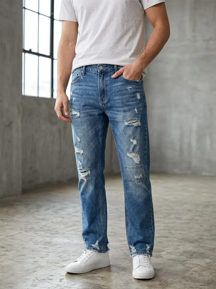 Men's Casual Distressed Ripped Blue Denim Jeans