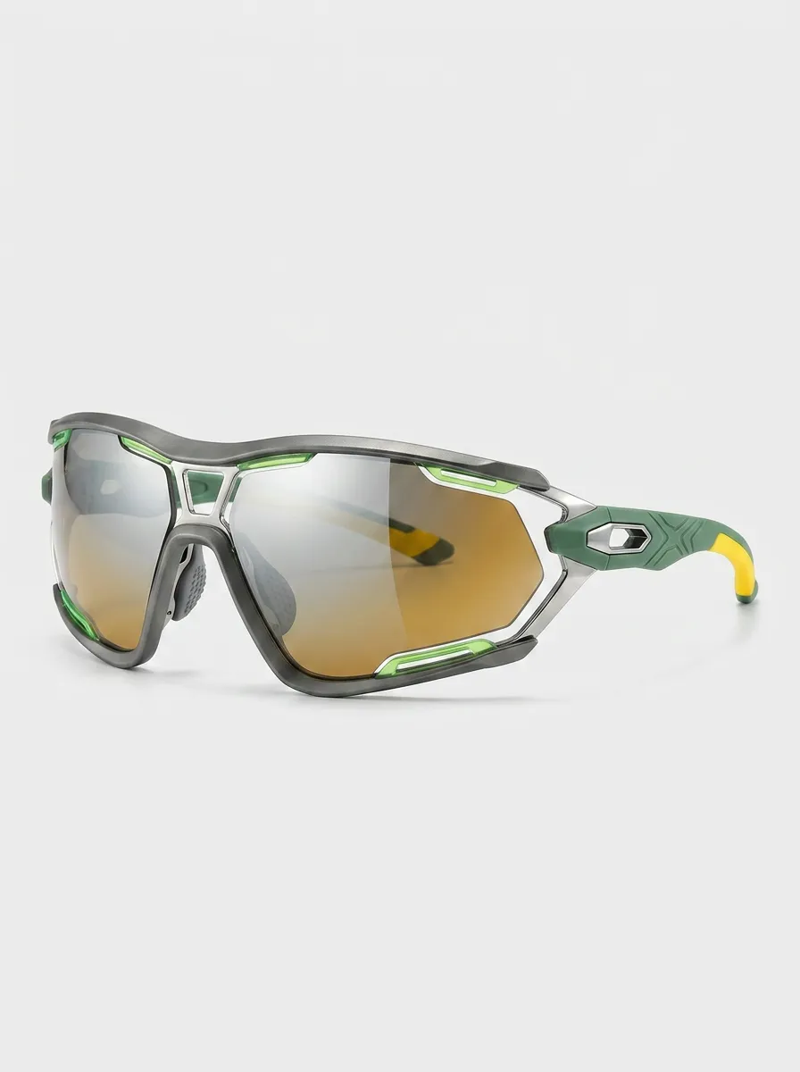 Men's Sport Cycling Green Yellow Frame Mirrored Lens Sunglasses