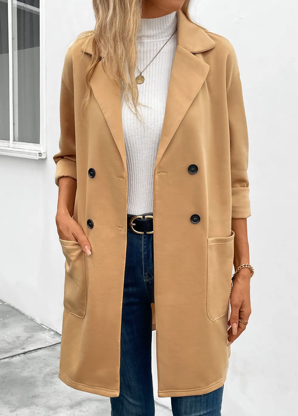 Light Camel Pocket Long Sleeve Lapel Coat
