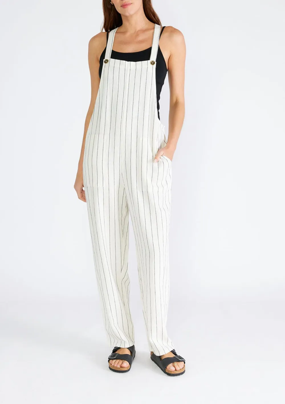Striped Wide Strap Jumpsuit with Pockets