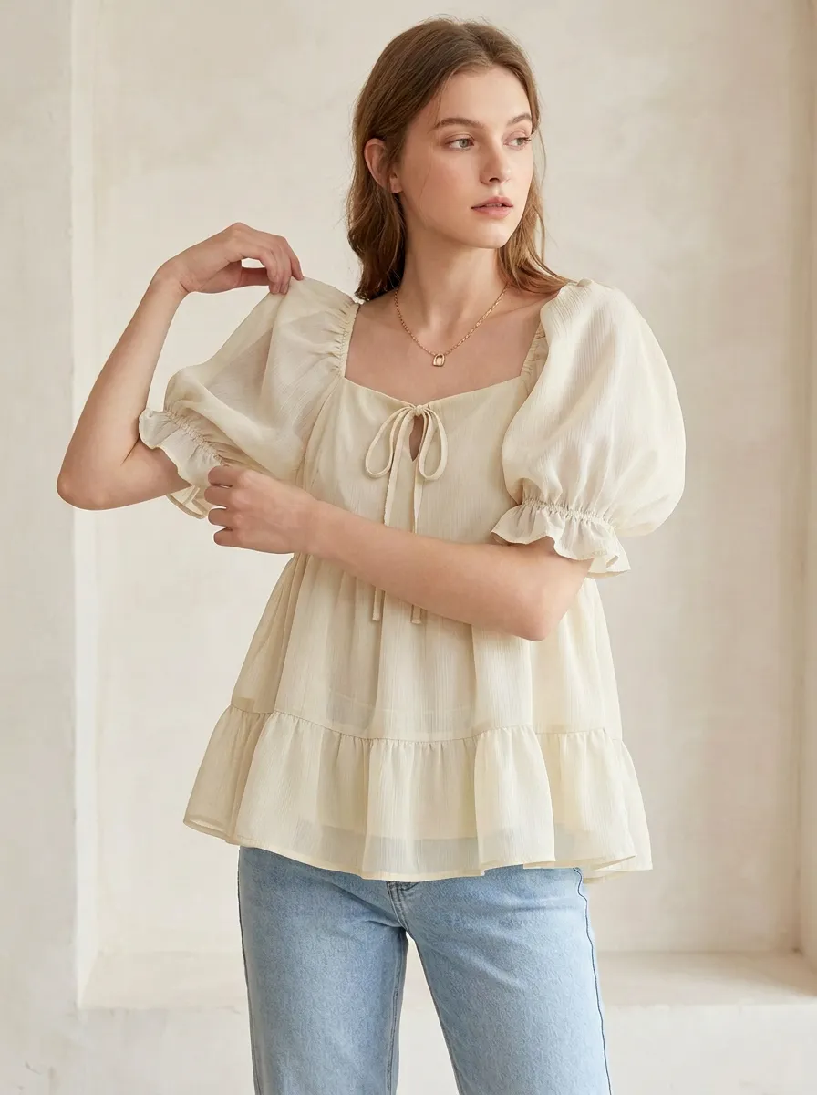 Square-Neck Peplum Women's Puff-Sleeve Blouse