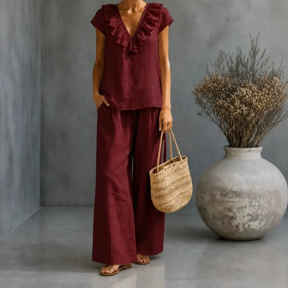 Wide-Leg Short-Sleeve V-Neck Women's Matching Set