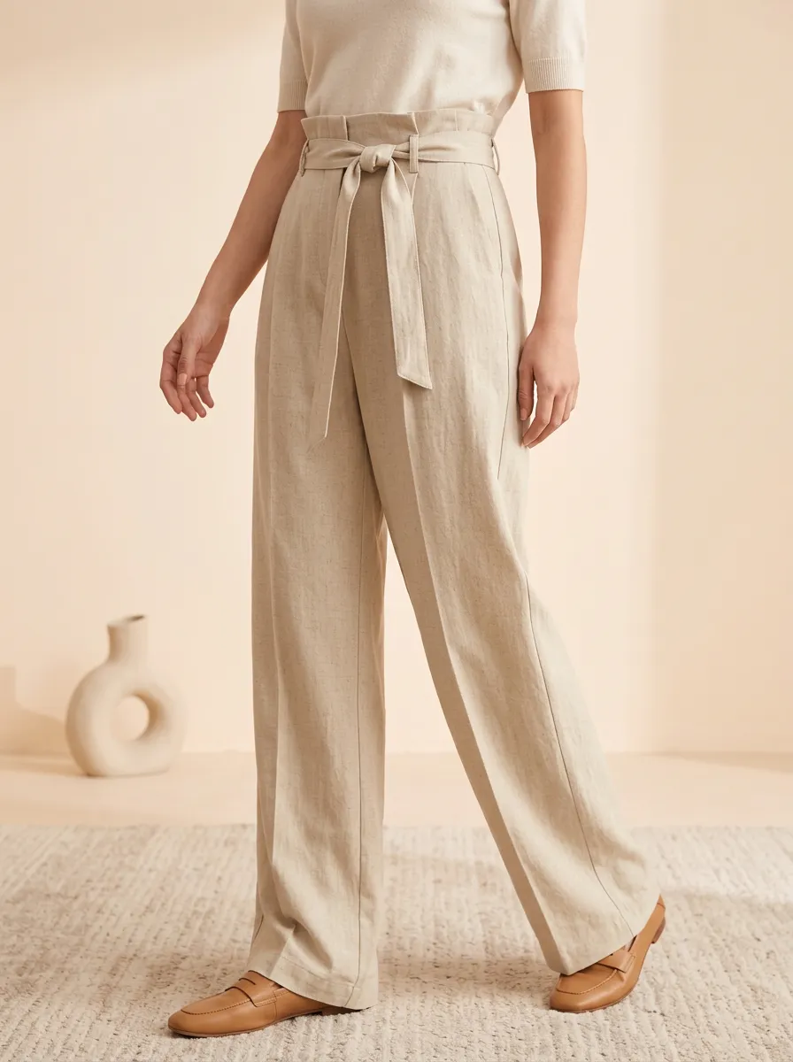 Wide-Leg High-Rise Belted Minimalist Casual Wide Leg Pants