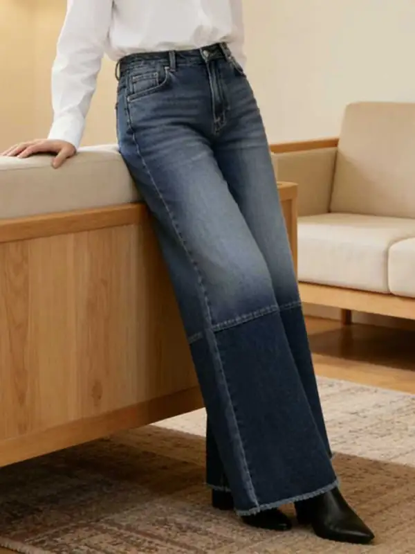 Fringe Detail Contrast Panel High Waist Wide Leg Seamed Jeans