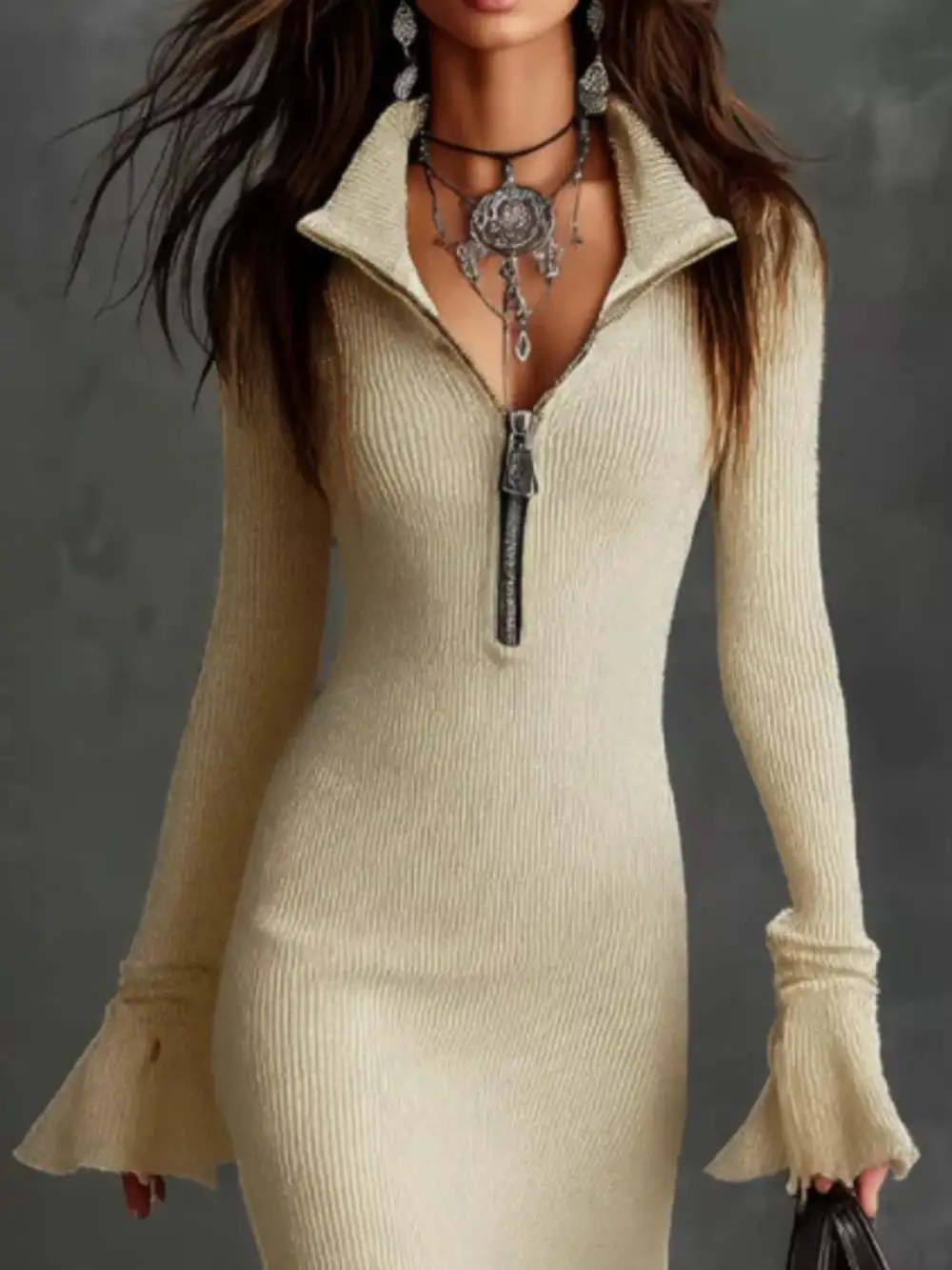 Ribbed Knit Zip Front Midi Dress