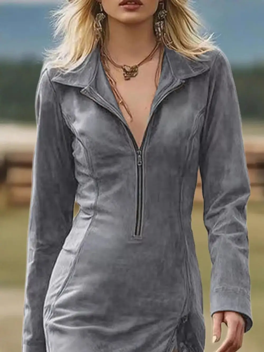 Gathered Detail Zip Front Dress