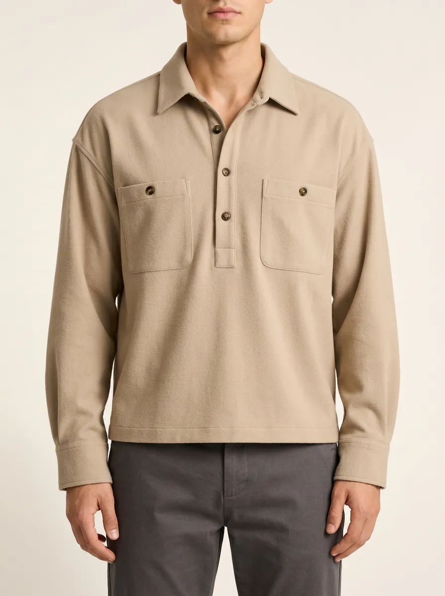 Unisex Beige Plain Long Sleeve Casual Shirt