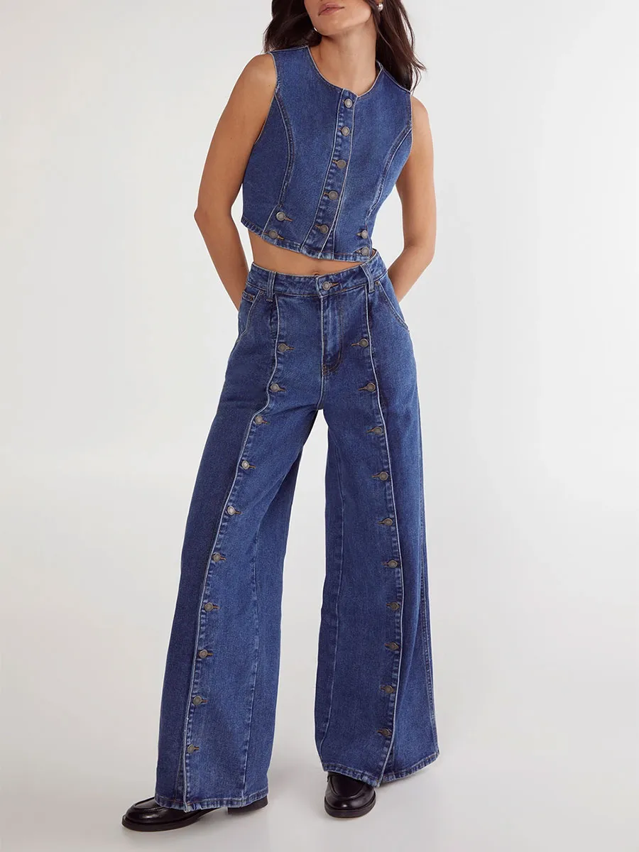 Women's Dark Blue Side Button Wide-Leg Jeans