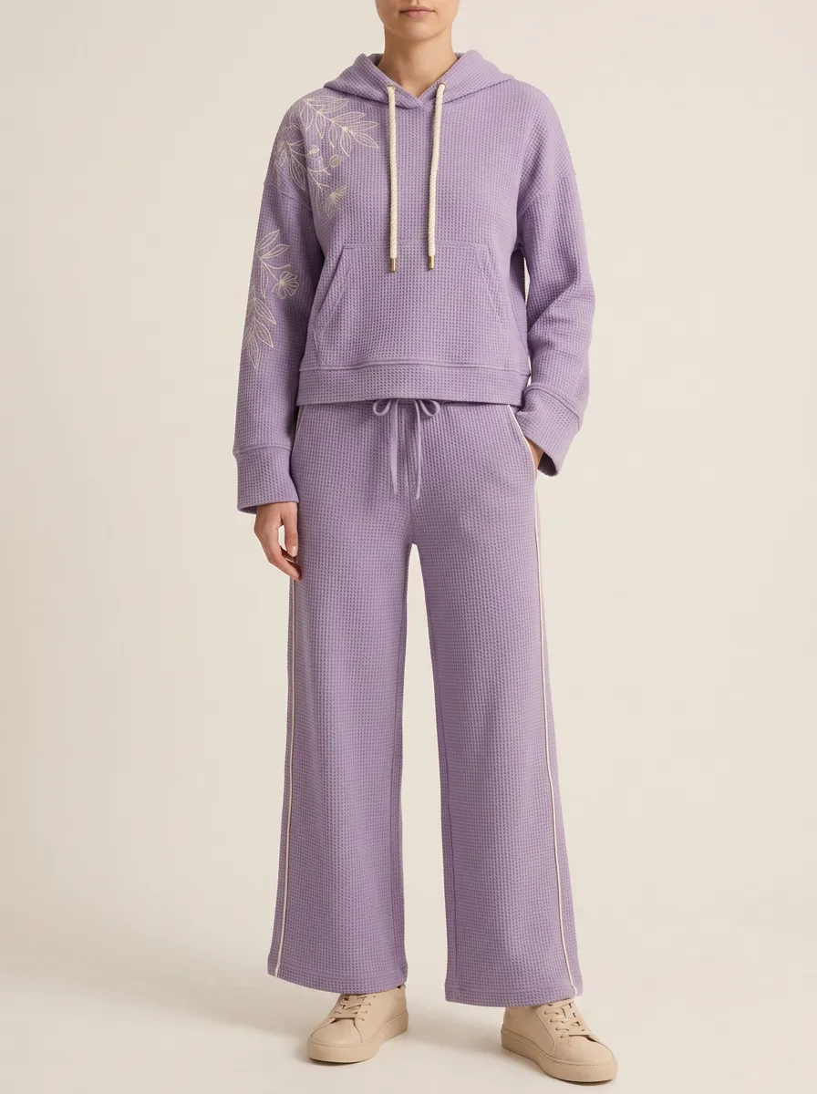 Unisex Purple Waffle Knit Floral Leaf Printed Hoodie