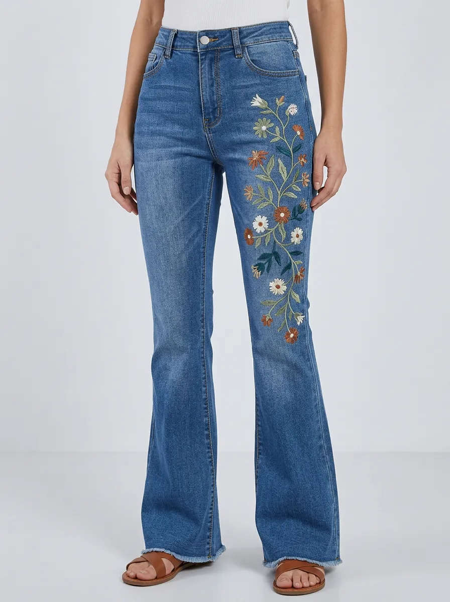 Women's Floral Lover Daisy Vine Embroidered Printed Flare Jeans