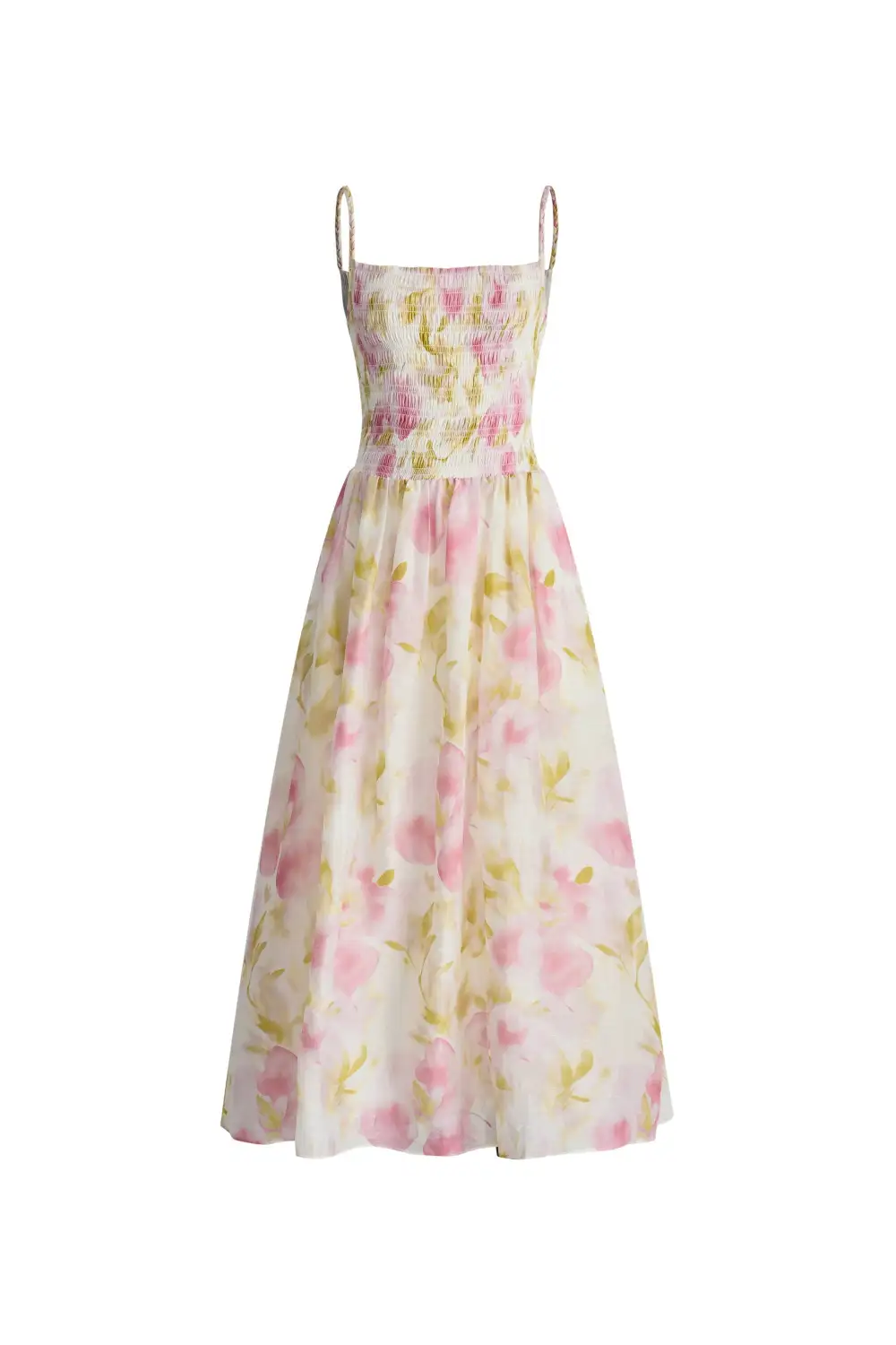 Shirred Handcrafted Silk Linen Blend Maxi Dress