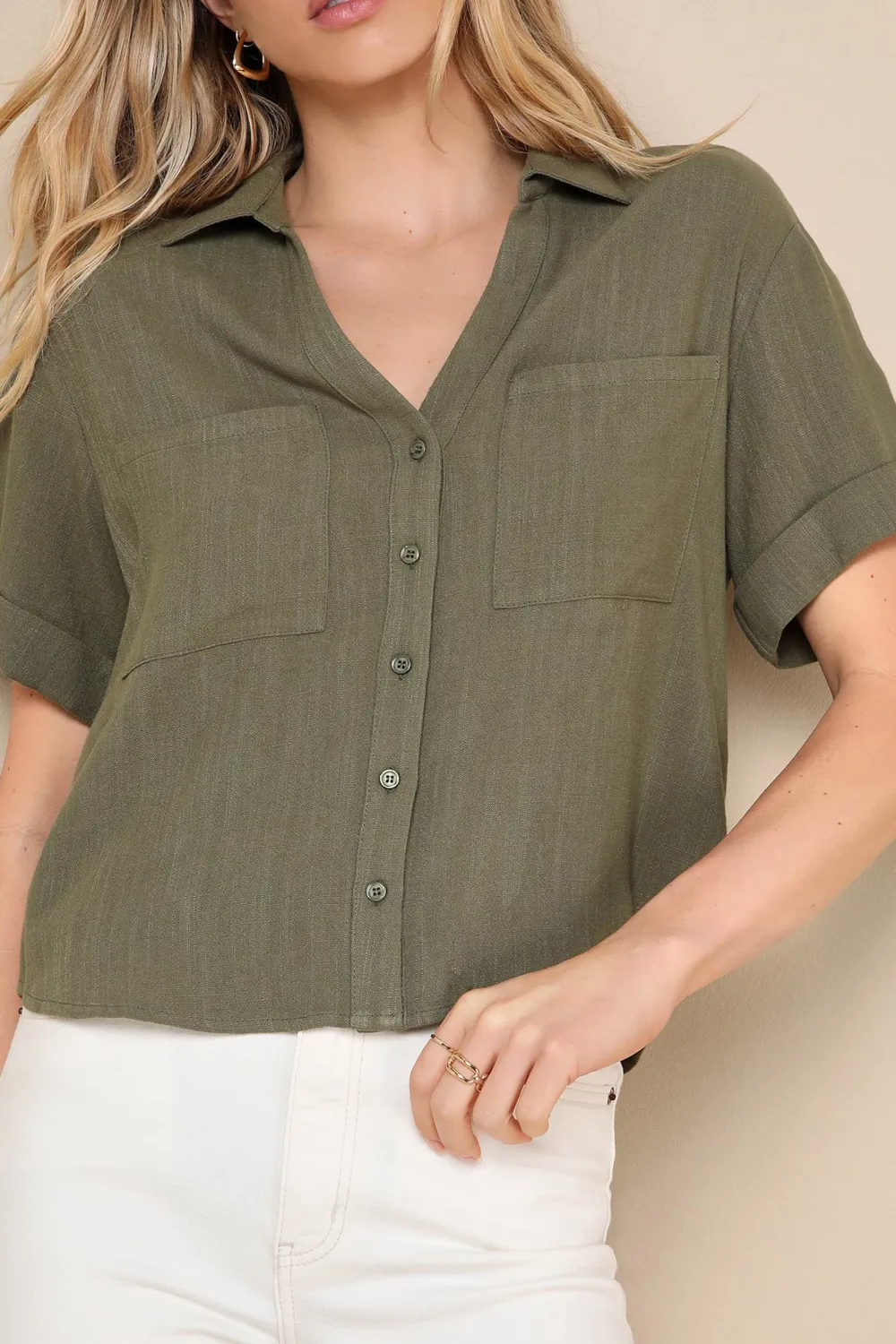 Casual Style Linen Collared Button-Up Top
