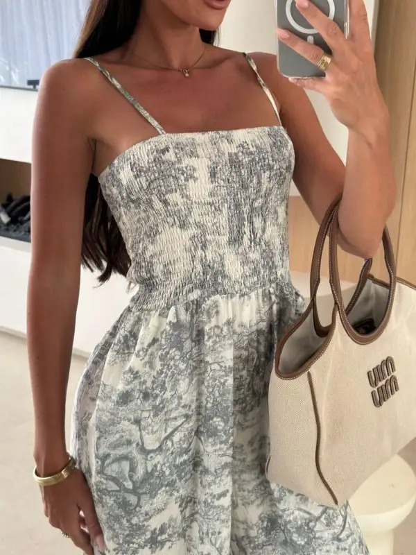Printed Smocked Wide Leg Jumpsuit