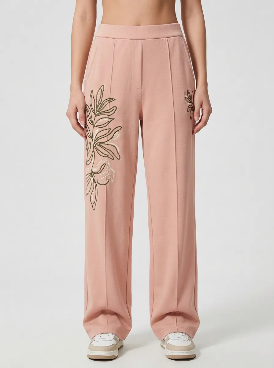 Women's Beige Botanical Embroidery Wide-Leg Sweatpants