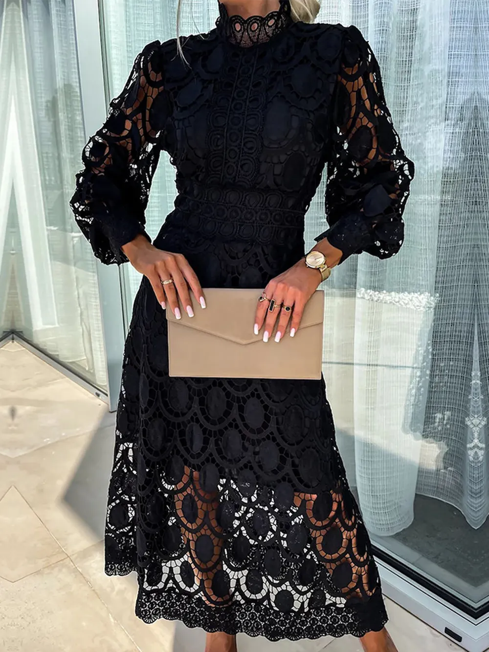 Boho Eyelet Mock-Neck Long-Sleeve Evening Maxi Dress