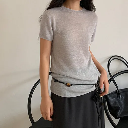 Modern Semi High Neck Knit Short Sleeve T-Shirt