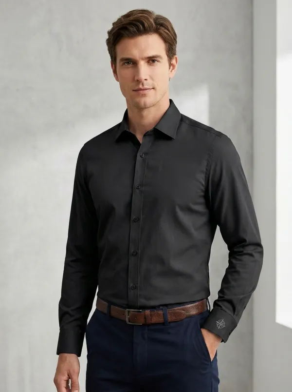 Men's Non-Iron Cotton Compass Embroidered Long Sleeve Shirt
