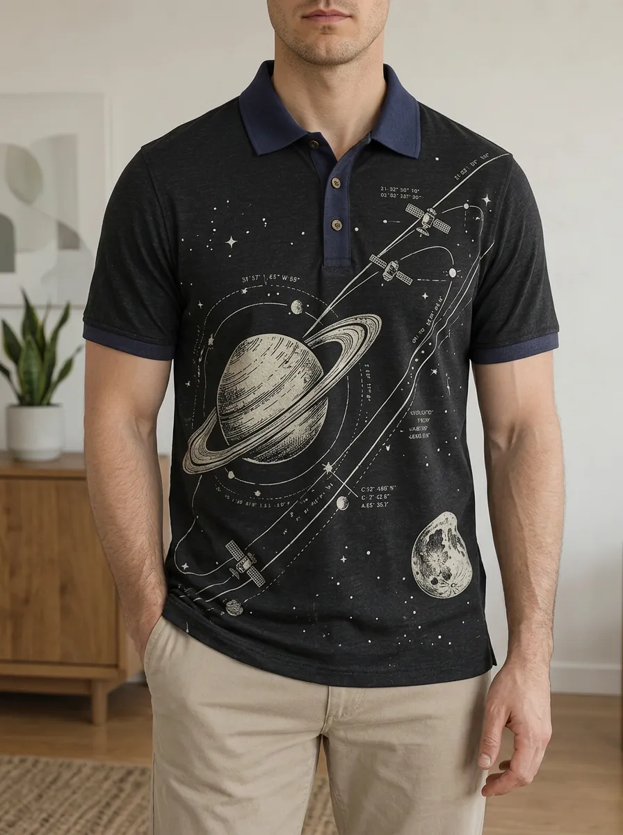 Men's Astronomy Space Lover Saturn Satellite Printed Polo Shirt