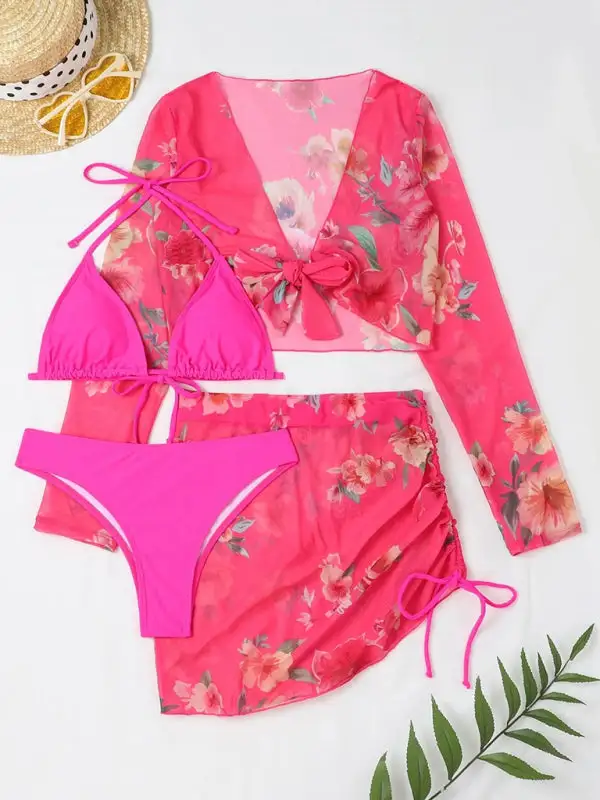 Drawstring Long Sleeve Bikini Swim Set