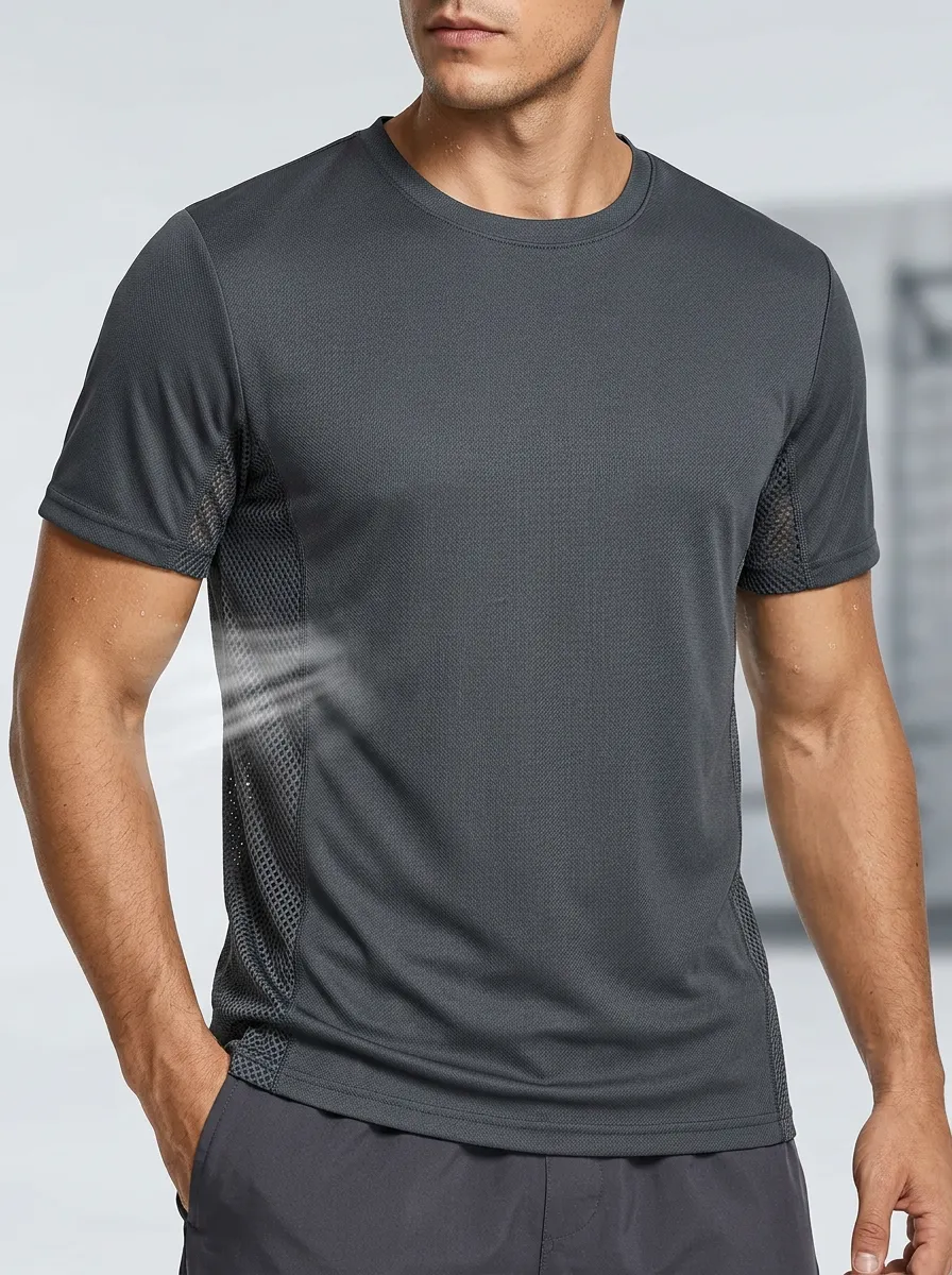 Mesh-Panel Side-Panel Active Men's Crewneck Athletic T-Shirt