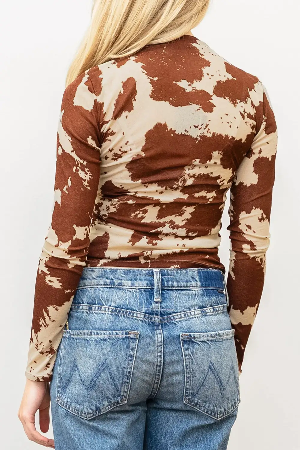 Western Print Twist Detail Fitted Long Sleeve Top