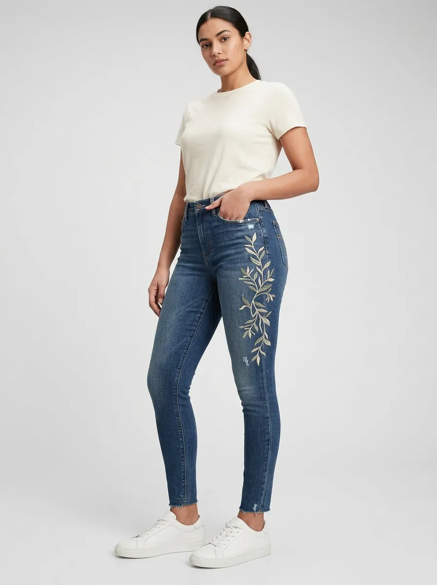 Women's Floral Nature Leaf Embroidered Graphic Slim Jeans
