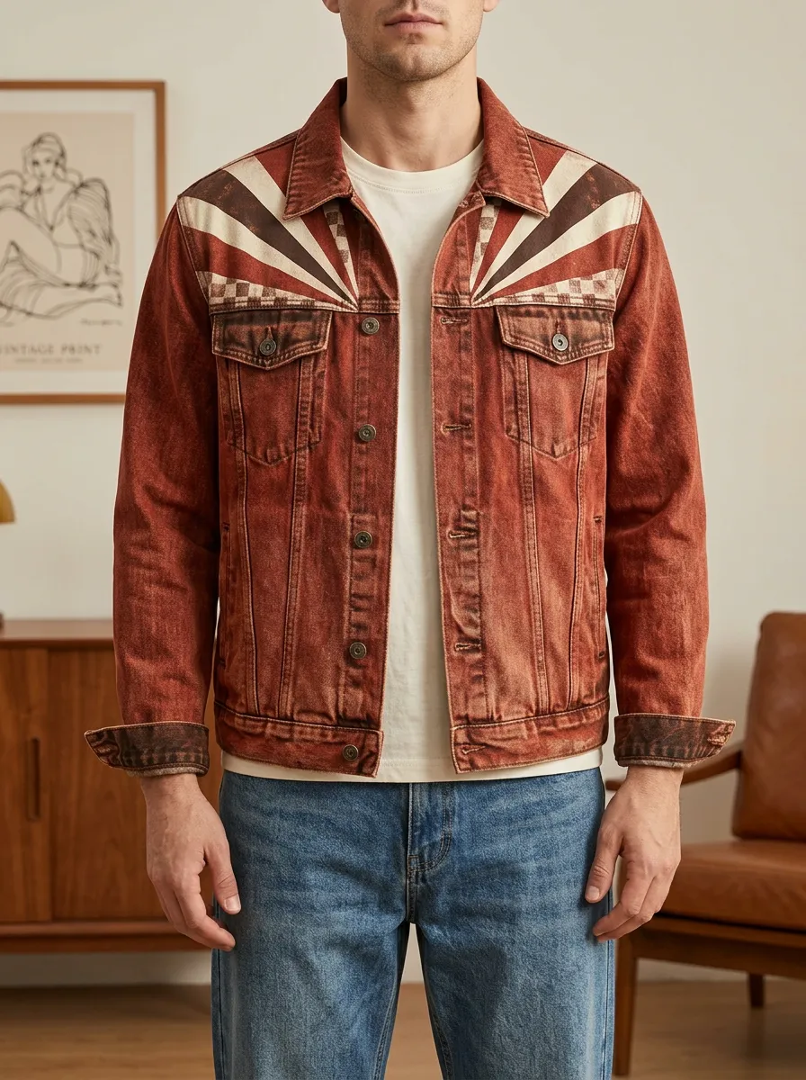 Men's Vintage Sunburst Checkerboard Printed Denim Jacket