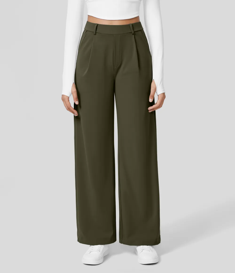 2026🔥  High Waisted Plicated Side Pocket Straight Leg Work Pants