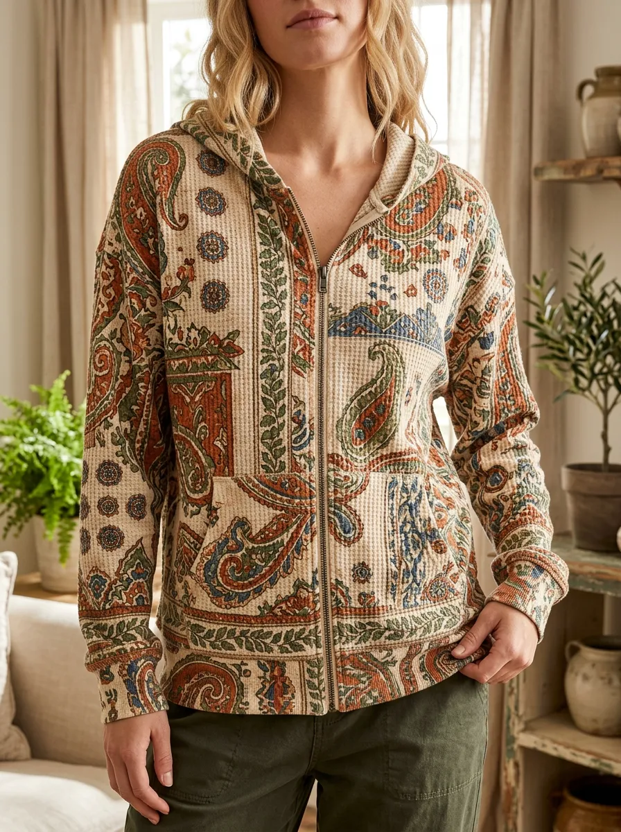 Women's Bohemian Paisley Signature Print Waffle Zip-Up Hoodie