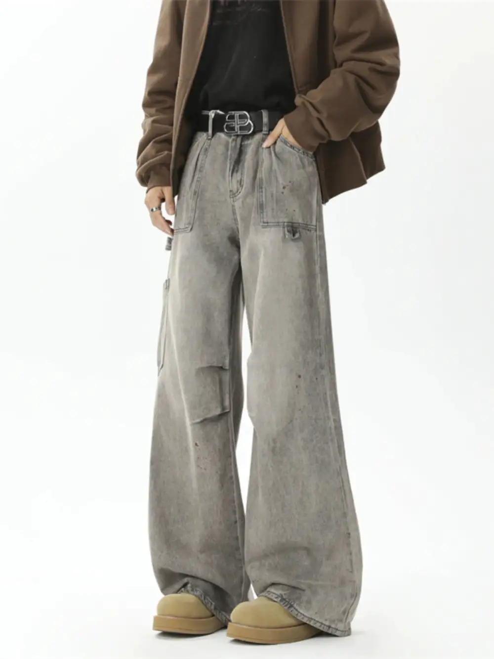 Wide-Leg Washed Cargo Pants