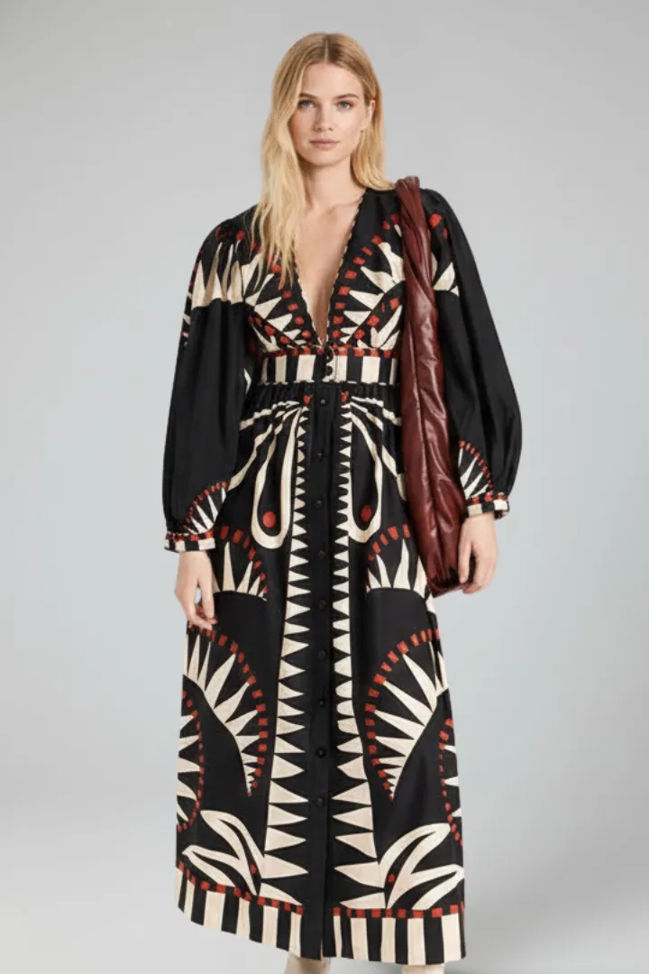  Print Long Sleeve Maxi Dress